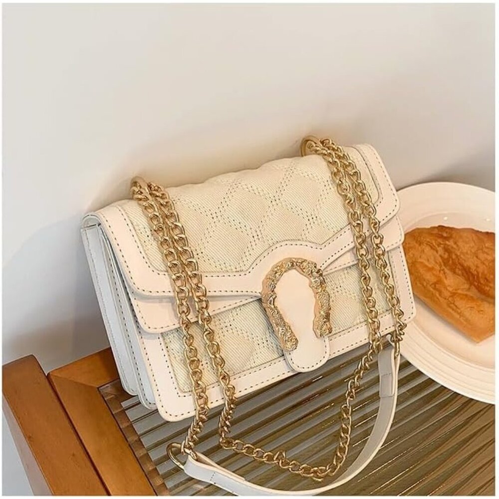 ⚡ Women's White Gold Leather Vintage Snake Print Crossbody Square Satchel Bag